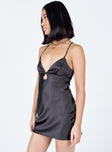 side view of model wearing Princess Polly Anna Mini Dress Black Plunger 