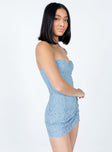 side view of model wearing Princess Polly Fay Mini Dress Blue Sweetheart Neckline 