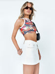   side view of model wearing Princess Polly Organic Cotton Blend Althea Ultra Mini Denim Skirt White Mini Skirts 