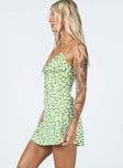 side view of model wearing Princess Polly Tasmin Mini Dress Green Floral 