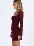 side view of model wearing Princess Polly Dyer Sheer Sleeve Mini Dress Burgundy Sweetheart Neckline 