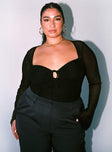 front view of model wearing Princess Polly Jacob Long Sleeve Bodysuit Black Curve Full Sleeves Sweetheart 