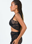 side view of model wearing Princess Polly Mayfair Lace Crop Black 