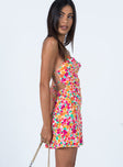 side view of model wearing Princess Polly Celena Mini Dress Rainbow Floral 