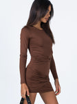 side view of model wearing Princess Polly Juliana Mini Dress Brown 