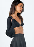 back view of model wearing Princess Polly Bonita Long Sleeve Crop Top Black 