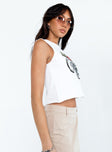 side view of model wearing Princess Polly Ryder Graphic Tank Top White Sleeveless Crew Neck 