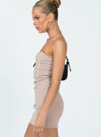 side view of model wearing Princess Polly Tristian Mini Dress Brown 