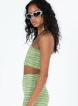 Front view of model wearing  front Princess Polly Sleeveless Asymmetric Neckline  Pool Party Knit Top Green Stripe