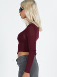 side view of model wearing Princess Polly Sydelle Long Sleeve Top Maroon Full Sleeves Crew Neck 