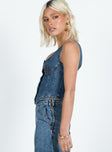 Front view of model wearing  front Princess Polly Sleeveless Asymmetric Neckline  After Hours Corset Top Denim