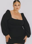 side view of model wearing Princess Polly Laura Bodysuit Black Curve Full Sleeves Square Neck 