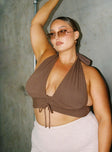 front view of model wearing Princess Polly Shiloh Top Brown Curve Sleeveless Plunger 