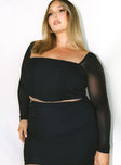 front view of model wearing Princess Polly Beverly Long Sleeve Top Black Curve Full Sleeves Square Neck 