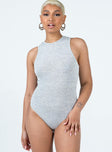 front view of model wearing Princess Polly Duval Bodysuit Light Grey Sleeveless Crew Neck 