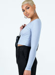 side view of model wearing Princess Polly Kasta Top Blue Full Sleeves Boat Neck 