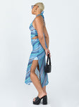   side view of model wearing Princess Polly Sorella Maxi Skirt Blue 