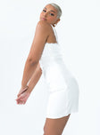 side view of model wearing Princess Polly Shania Lace Mini Dress Cream V-Neck 