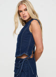 side view of model wearing Princess Polly Countryside Top Denim Sleeveless Crew Neck 