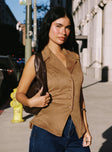 back view of model wearing Princess Polly Oh So Retro Faux Suede Vest Beige Sleeveless V-Neck 