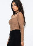 side view of model wearing Princess Polly Delany Bodysuit Beige Petite Full Sleeves Square Neck 