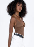 side view of model wearing Princess Polly Gazel Bodysuit Brown Sleeveless Plunger 