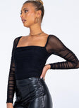 front view of model wearing Princess Polly Delany Bodysuit Black Tall Full Sleeves Square Neck 