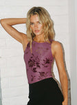 side view of model wearing Princess Polly Angelical Top Purple Sleeveless Crew Neck 