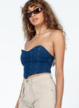 side view of model wearing Princess Polly Jessica Bustier Blue Denim Sleeveless Sweetheart 