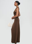 side view of model wearing Princess Polly Sanur Maxi Dress Brown Scoop Neck 