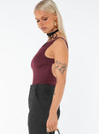 side view of model wearing Princess Polly Coomba Backless Bodysuit Burgundy Sleeveless Scoop Neck 