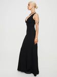 Front view of model wearing  front Princess Polly Asymmetric Neckline  Verde Linen Blend Maxi Dress Black