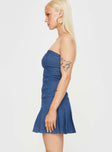 Front view of model wearing  front Princess Polly Asymmetric Neckline  Lissa Strapless Denim Mini Dress Dark Blue