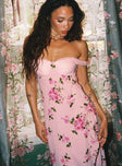 side view of model wearing Princess Polly Emmeline Off The Shoulder Maxi Dress Pink Floral Sweetheart Neckline 