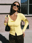 front view of model wearing Princess Polly Passoni Long Sleeve Top Lemon Full Sleeves Crew Neck 