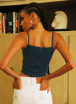 front view of model wearing Princess Polly Myles Top Denim Sleeveless Square Neck 