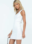 side view of model wearing Princess Polly Edner One Shoulder Mini Dress White Asymmetric Neckline 