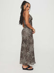 side view of model wearing Princess Polly Declynn Bias Cut Maxi Dress Leopard Asymmetric Neckline 