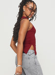 side view of model wearing Princess Polly Till Next Time Top Burgundy Sleeveless High Neck 