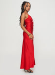 side view of model wearing Princess Polly About A Girl Maxi Dress Red Plunger 