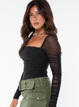 side view of model wearing Princess Polly Delany Bodysuit Black Petite Full Sleeves Square Neck 