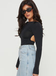 side view of model wearing Princess Polly Gatewood Long Sleeve Bodysuit Black Petite Full Sleeves Boat Neck 