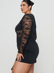 side view of model wearing Princess Polly Covington Long Sleeve Mini Dress Black Curve Crew Neck 