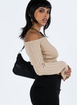 Beige long sleeve top Ribbed knit material  Off the shoulder design  Flared sleeves Good stretch 