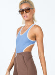 side view of model wearing Princess Polly Berkley Bodysuit Blue Sleeveless Scoop Neck 