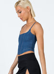 side view of model wearing Princess Polly Myles Top Denim Sleeveless Square Neck 