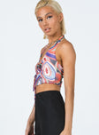 side view of model wearing Princess Polly Rayna Top Blue / Orange Multi 