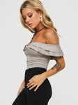 side view of model wearing Princess Polly Farino Off The Shoulder Top Grey Half Sleeves Sweetheart 