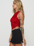 side view of model wearing Princess Polly Brinstead One Shoulder Top Red Sleeveless Asymmetric Neckline 