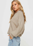 side view of model wearing Princess Polly Bella Notched Neck Sweater Beige Cropped 